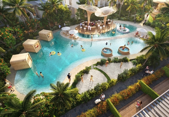 Photo piscine du projet Damac Suncity - Promoteur Damac - PGM Real Estate Dubaï - pgmrealestatedubai.com